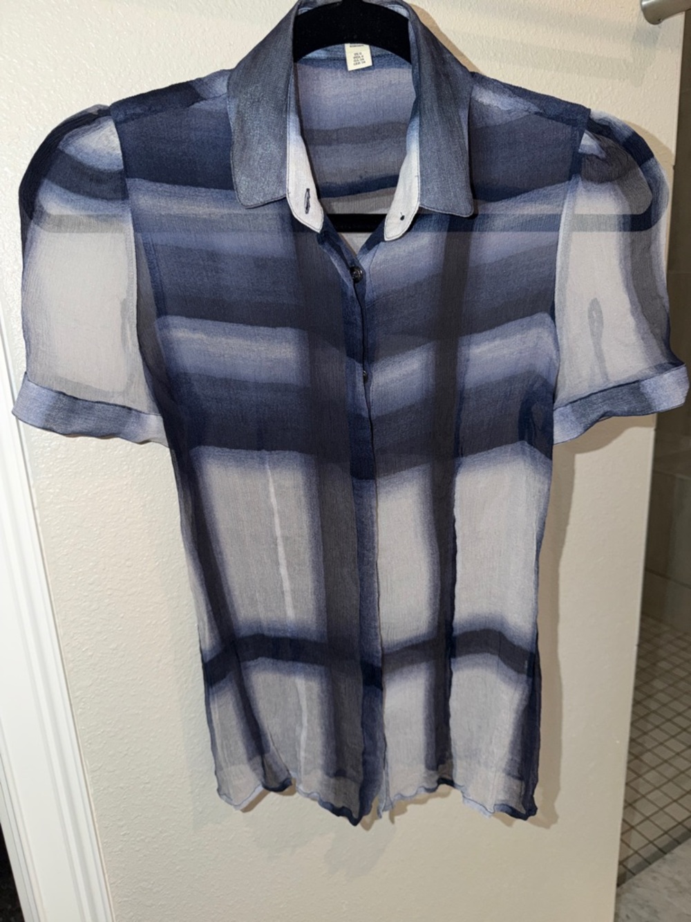 Burberry Navy and White Sheer Plaid Short-Sleeve Blouse
